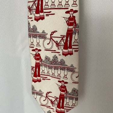 70s vintage Smoking Bicyclist Bicycle Necktie Red White novelty Gift for Him 
