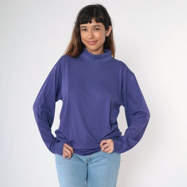 Vintage L.L. Bean Shirt 90s Distressed Purple Mock Neck Long Sleeve Minimalist Basic Top Solid Simple Plain Tee 1990s Men's Tall Large 