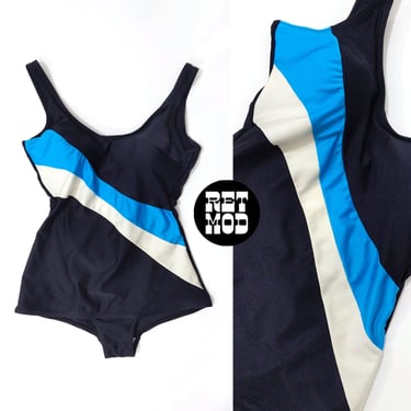 Flattering Vintage Black Blue White Stripe One-Piece Swimsuit with Privacy Skirt 