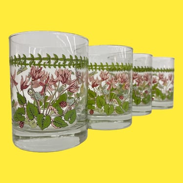 Vintage Portmeirion Whiskey Glasses Retro 1980s Farmhouse + Botanic Garden + Cyclamen Flowers + Glass + Set of 4 + Old Fashioned + Barware 