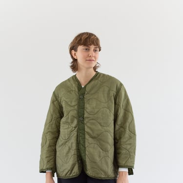 Vintage Green Liner Jacket | Unisex Wavy Quilted Nylon Coat | M L | LI156 