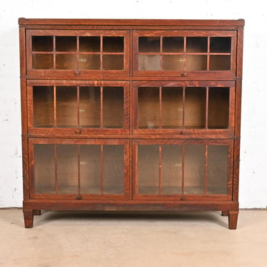 Antique Arts &#038; Crafts Tiger Oak Three-Stack Double Barrister Bookcase by Macey, Circa 1920s