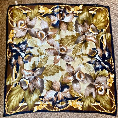 Vintage 70s SILK Scarf / ANNE KLEIN For Vera Companies / Flowers + Pearls / 35" 