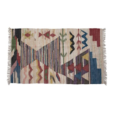 Woven Cotton Rug with Aztec Design and Fringe