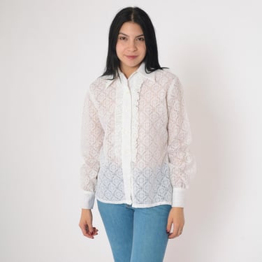 Vintage 70s Lace Blouse Sheer White Tuxedo Ruffle Floral Button Up Shirt Boho Victorian Top Romantic Long Sleeve Feminine 1970s Large 12 