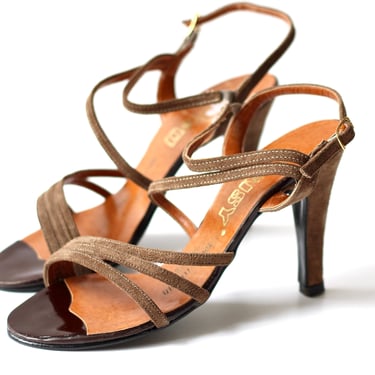 Unworn 1970s Daisy Strappy Suede Slingback High Heel Sandals - Vintage Cocoa Brown Leather Pumps Size 5.5 