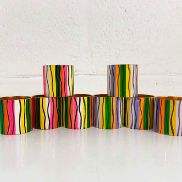 Vintage Napkin Rings Set of 8 Ring Copper Colorful Metal Brass Rainbow Painted Dinner Table Party 1970s 