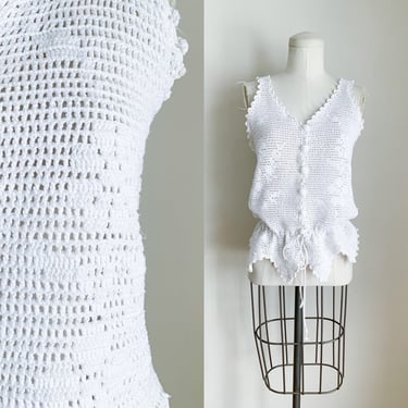 Vintage 1970s White Cotton Crochet Top / M 