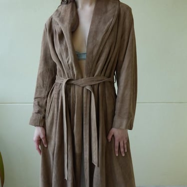 1970's Suede Trench Coat / Light Tan Leather Jacket / Long Leather Trench Coat 