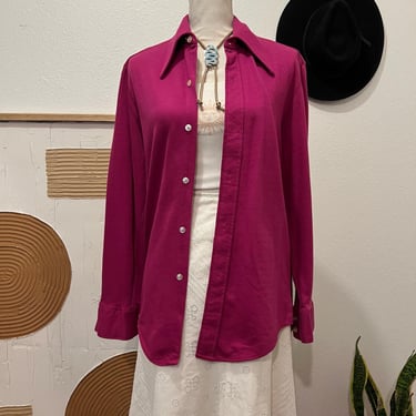 Fuchsia Pink Vintage 70s Button Down Long Sleeve Fitted Shirt 