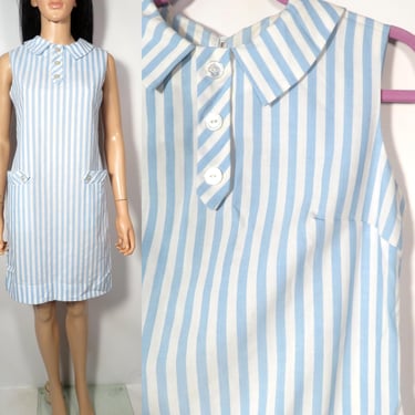 Vintage 60s Pastel Blue Striped Shift Dress With Pockets Union Label Made In USA Size S 