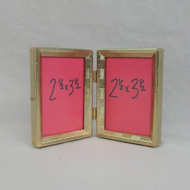 Small Vintage Hinged Double Picture Frame - Gold Tone Metal w/ non-glare Glass - Holds Two Wallet Size 2 1/2