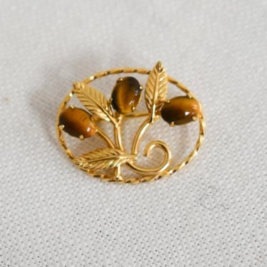 1970s Tiger's Eye Oval Leaf Brooch, 14KGF 