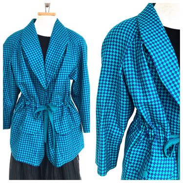 Vintage 80s Checkered Blue Cinched Oversized Blazer, VTG 1980s Blue Checkered Patterned Adjustable Waist Blazer, 80s Blue Patterned Blazer 