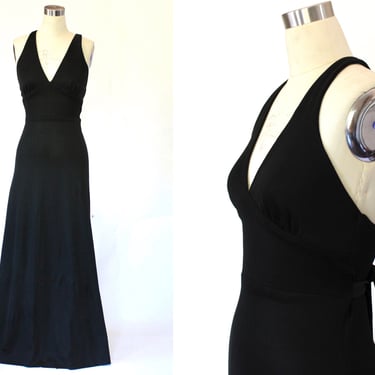 1970s Empire Waist Plunge Neck Maxi Dress - 70s Vintage Full Length Day to Night Low Back Dress - Small 