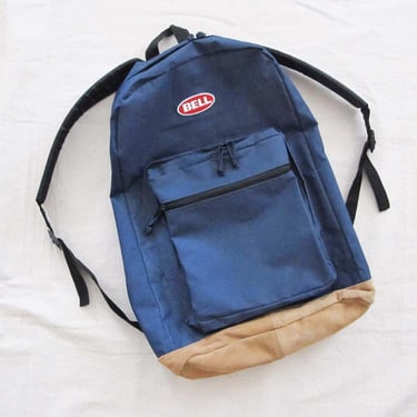 Vintage 90s Brown Suede Leather Bottom Backpack - 1990s Navy Blue Bell Helmet School Backpack Rucksack - Unisex Backpack 