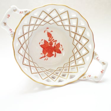 Vintage Herend China Rust Bouquet Basket. Fine Decorative Openwork Porcelain made in Hungary. Elegant Tabletop Decor 