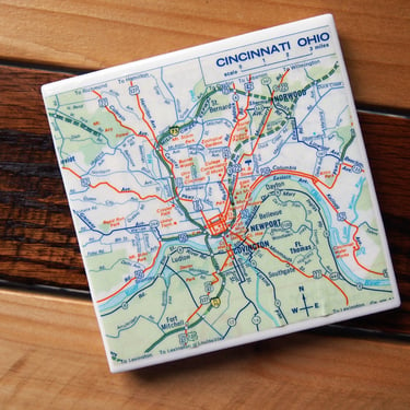 1972 Cinncinnati Ohio Map Coaster. Ceramic Tile. Repurposed Vintage 1970s Union 76 Road Map. Handmade. City Map Décor. Ohio Gift. DISCOUNTED 
