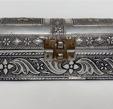 Vintage collectors pewter and wood embossed  box 