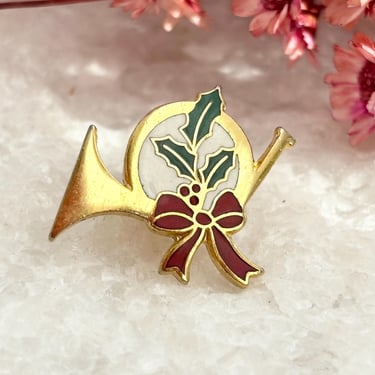 Gold Toned Hallmark French Horn Bow Tie + Mistletoe Green & Red Enamel Lapel Christmas Holiday Themed Pin | Brooch 