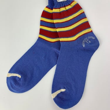 1950'S Crew Socks - All Mercerized Cotton - Blue with Yellow & Red Stripes - Never Worn - NOS Dead Stock - Size Small 7-1/2 