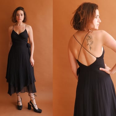 Vintage Moschino Black Silk Dress/ Y2K V Neck Open Back Layered Strappy Dress/ Size Small 