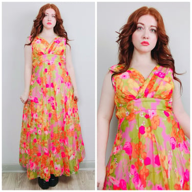 1970s Vintage Pink and Orange Floral Goddess Dress / 70s / Seventies Empire Waist Plunging Neck Poly Chiffon Gown / Size Medium 