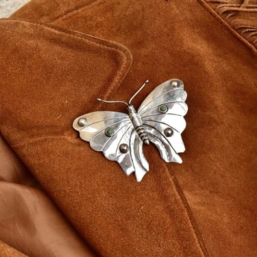 Vintage Silver Turquoise Accent Butterfly Brooch, Large Silver Butterfly/Moth Pin, 'Silver Made In Mexico', 3 1/4