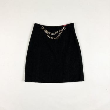 1990s / y2k Milly of New York Black Boucle Knit Pencil Skirt / Gold Chain Waist Detail / Size 6 / Small / The Nanny / Ab Fab / Executive / 