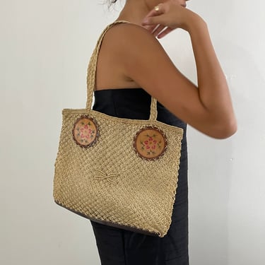Vintage macrame tote bag with tooled leather medallions | vintage shoulder cotton macrame beach tote market bag