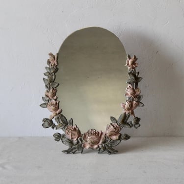 Syracuse Ornamental Oval Vanity Table Top Mirror Pink Roses Wreath Details Vintage Hollywood Regency 