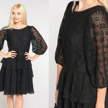 Black Lace Mini Dress 80s Party Dress 3/4 Sheer Puff Sleeve High Waisted Tiered Cocktail Fit and Flare Square Dance Vintage 1980s Medium 10 