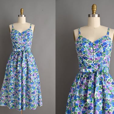 Vintage 1950s Dress | Lanz Blue Floral Print Cotton Spring Summer Sun Dress | Small 