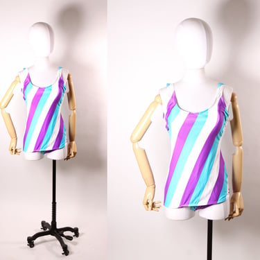 Late 1970s Blue, Purple and White Striped One Piece Swimsuit by Sea Fashions of California -L 