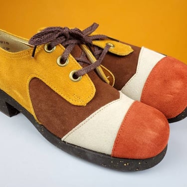DEADSTOCK 60s mod shoes. Colorblock patchwork suede lace-up oxfords with block heel. Scattered cork. Vintage fall fashion. (Women 7.5) 