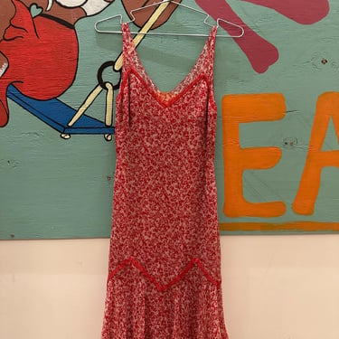 Y2K Pink and Red Floral Slip Dress with Lace Details / Handkercheif / Microfloral / Daisy / Ditsy Print / Size 2 / Small / Silk / Fluttery / 