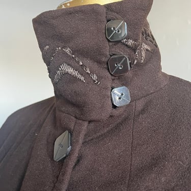 Chocolate Brown 1920s Wool Felt Short Coat Embroidery Arts and Crafts Era 