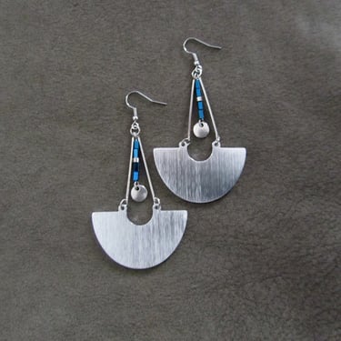 Silver and royal blue hematite mid century modern statement earrings 