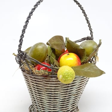 Vintage Christmas Basket with Faux Fruit, Mushroom, Leaves,  Woven Silver Metal Candy Container 