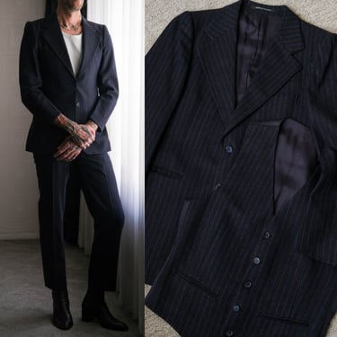 Vintage 70s Yves Saint Laurent Navy Pinstripe Three Piece Flared Suit | Made in France | 100% Wool | 1970s YSL French Designer Tailored Suit 