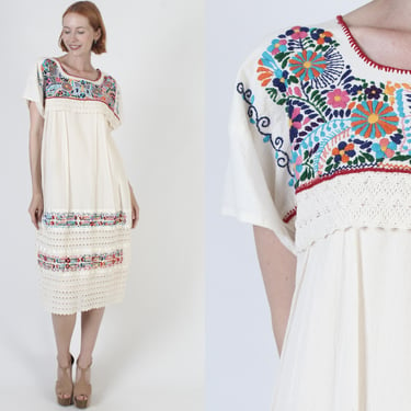 Off White Cotton Mexican Butterfly Dress, Vintage Traditional Muslin Sundress, Thin Floral Fiesta Embroidered Crochet Dress 