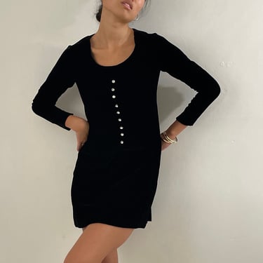 70s velvet dress / vintage black silk velvet rhinestone button long sleeve scoop neck shift mod LBD mini dress | Small 