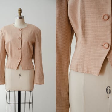 plaid wool jacket | 80s 90s vintage Ann Taylor dark academia peach tan checkered houndstooth nipped waist cropped blazer 