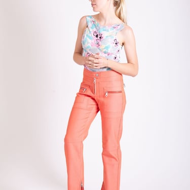 Vintage CHANEL SPORT Line 2002 Peach Pink Jeans with Logo Patch + Ankle Zip + Logo Zipper Pockets sz 26 27 28 CC Monogram Y2K 