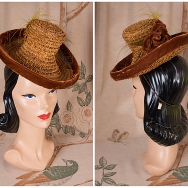 1940s Hat - Jaunty Natural Straw 40s High Crown Tilt Topper with Brown Velvet 