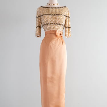 Stunning 1960's Crystal Beaded Evening Gown In Caramel Silk / SM