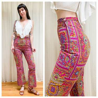 70s high waist pink printed side zip cotton pants 
