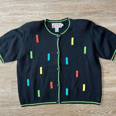 Vintage Funky Shape Short Sleeve Sweater Cardigan Black Womens Picture Knit XL 