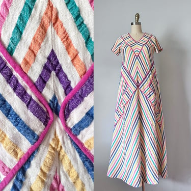 Aida rainbow stripes linen dress, boho 1970s dress, chevron kaftan dress, summer maxi dress, lounge clothing 