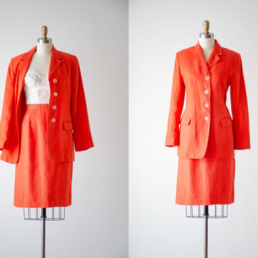 orange linen suit | 90s vintage Harvé Benard pumpkin orange mini skirt blazer skirt suit 
